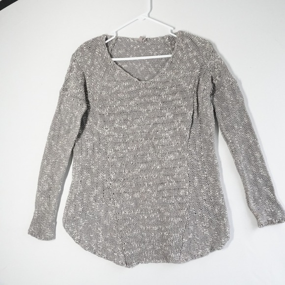 Helmut Lang Sweaters - Helmut Lang Grey Marled Cotton Linen V-Neck High-Low Knit Sweater Size P